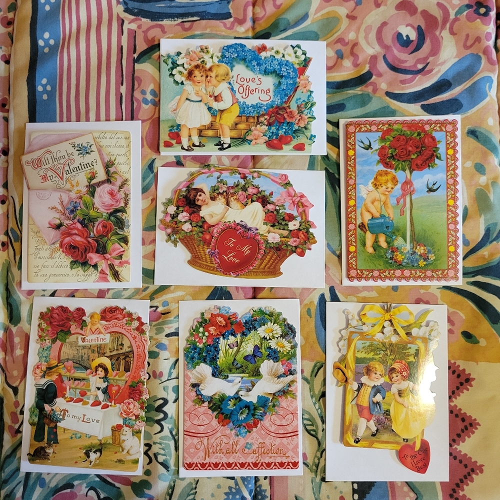 Punch Studio Victorian Look Valentine Cards (7) ~ New ~ Flowers Hearts Cupid Cat